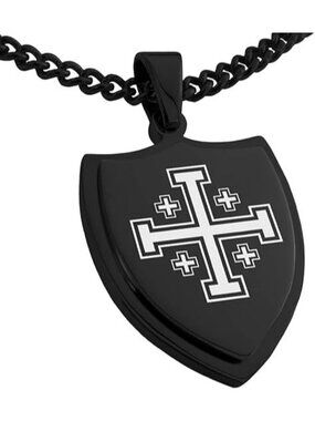 Black Stainless Steel Jerusalem Cross Shield Pendant Necklace
